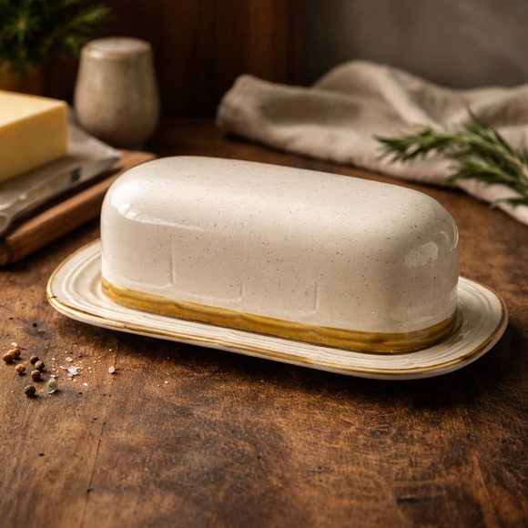 Other - Vintage Crown Manor Handpainted Stoneware Butter Dish Japan Speckled Beige Brown